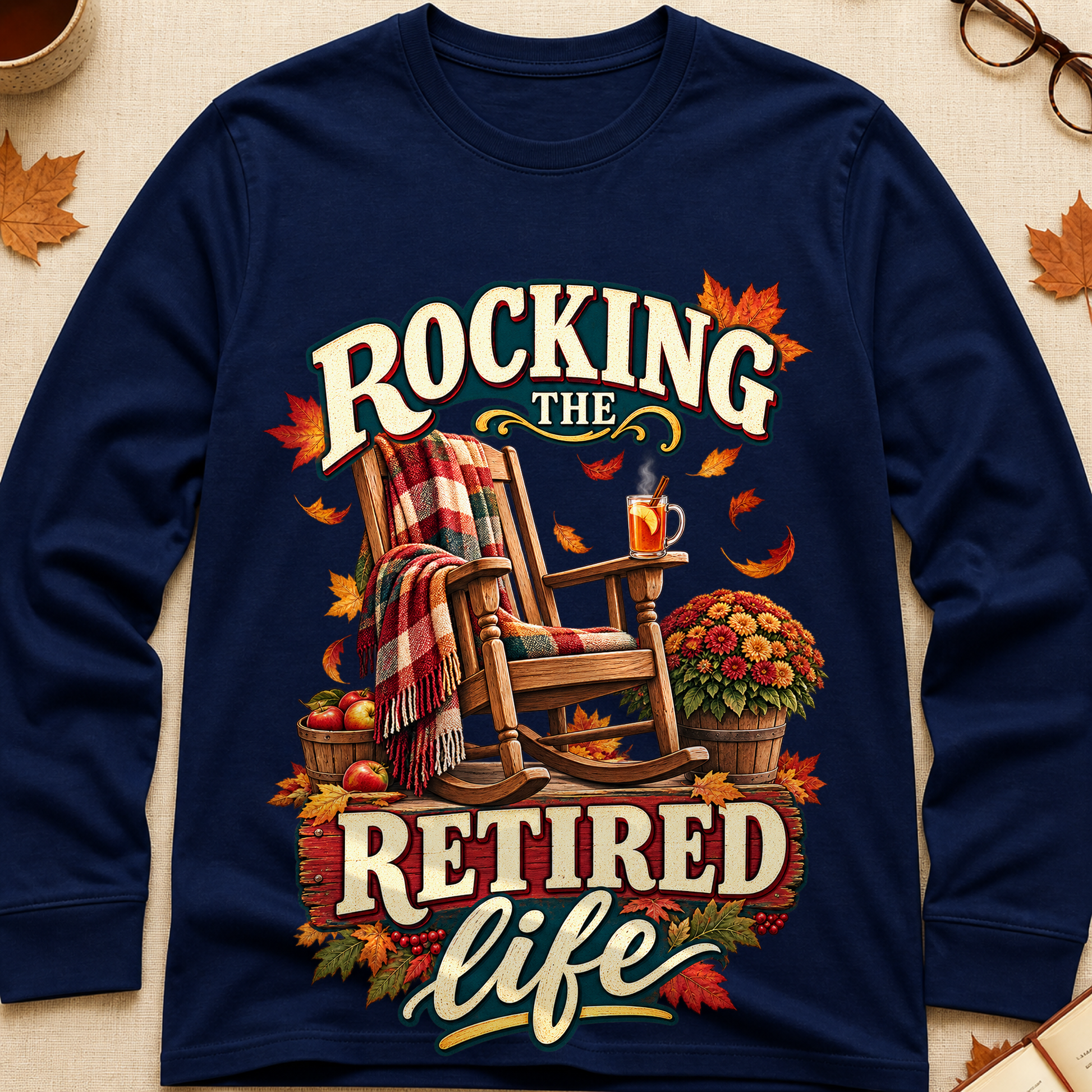 Rocking The Retired Life Fall Colored Print Long Sleeves - Navy - Brooke & Belle