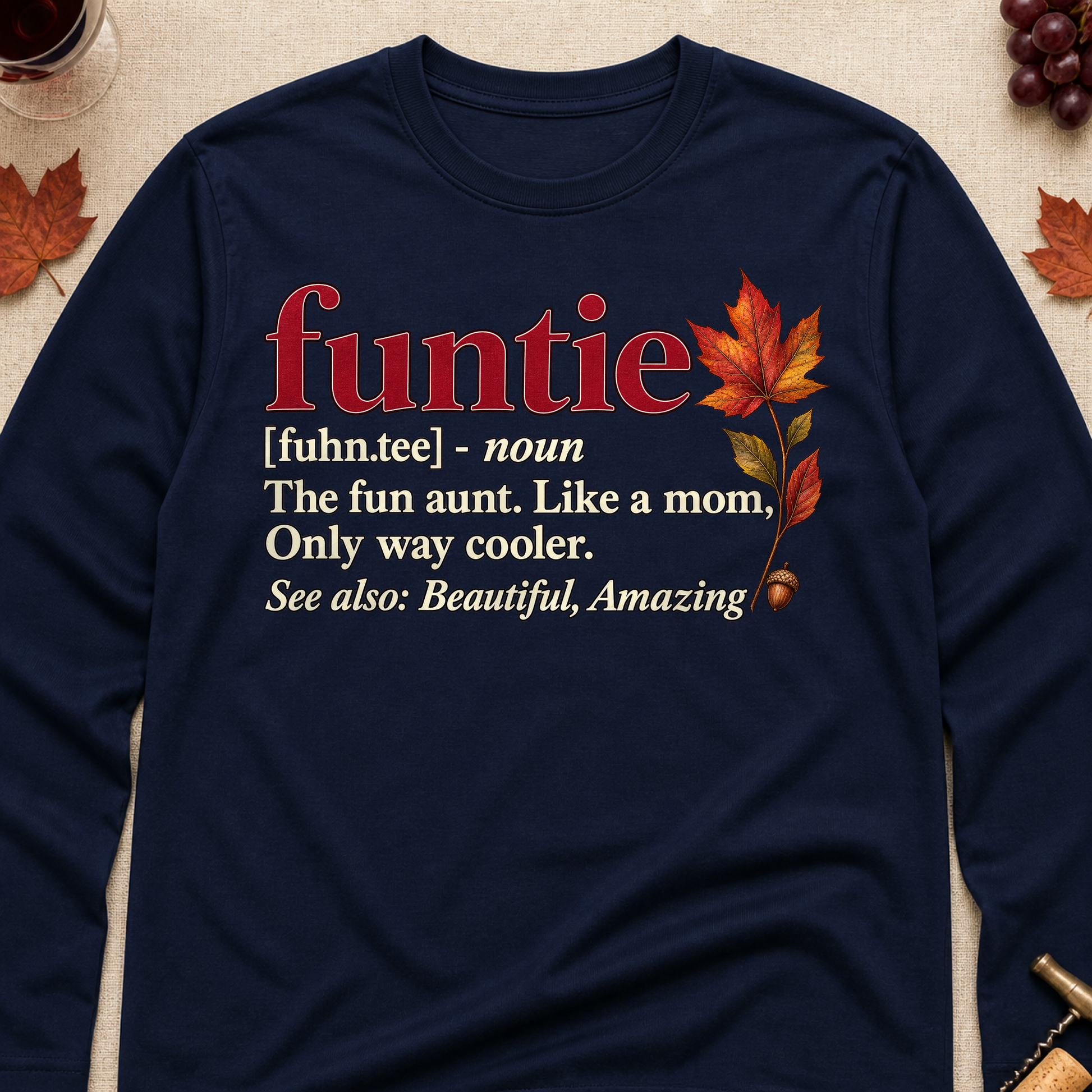 Funtie The Fun Aunt Like A Mom Only Way Cooler Fall Colored Print Long Sleeves - Navy - Brooke & Belle