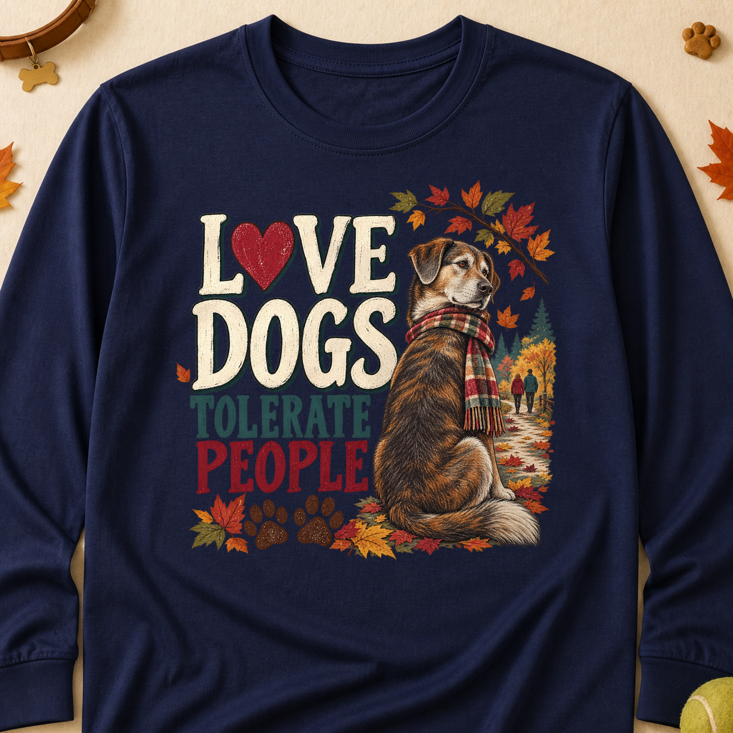 Love Dogs Tolerate People Fall Colored Print Long Sleeves - Navy - Brooke & Belle