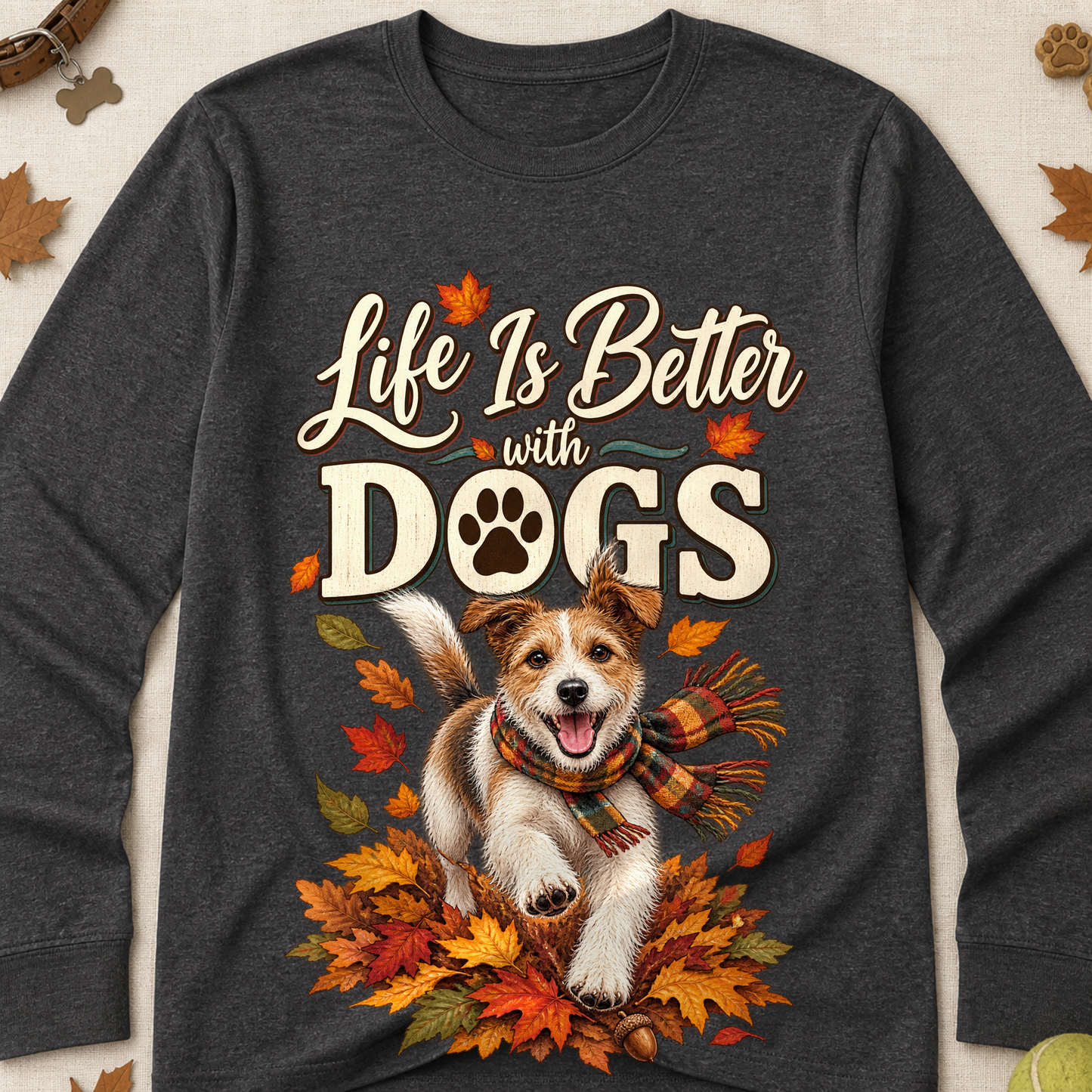 Life Is Better With Dogs Fall Colored Print Long Sleeves - Charcoal - Brooke & Belle