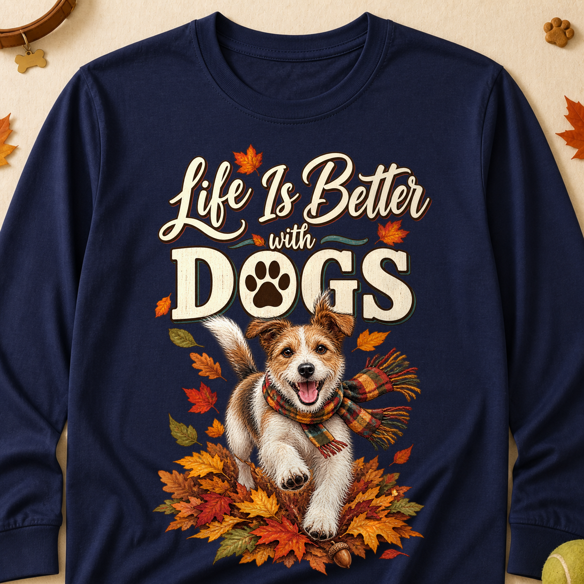 Life Is Better With Dogs Fall Colored Print Long Sleeves - Navy - Brooke & Belle
