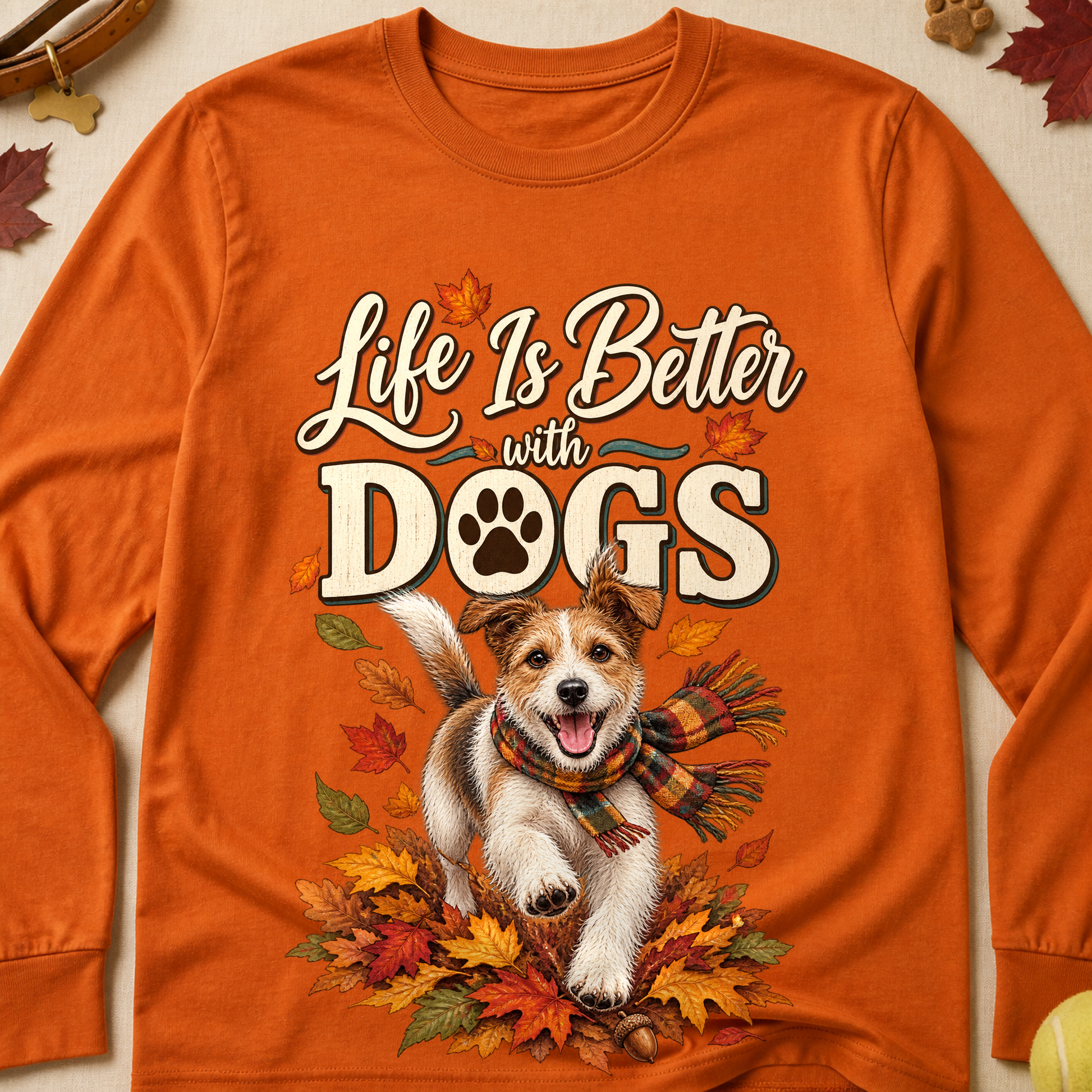 Life Is Better With Dogs Fall Colored Print Long Sleeves - Texas Orange - Brooke & Belle