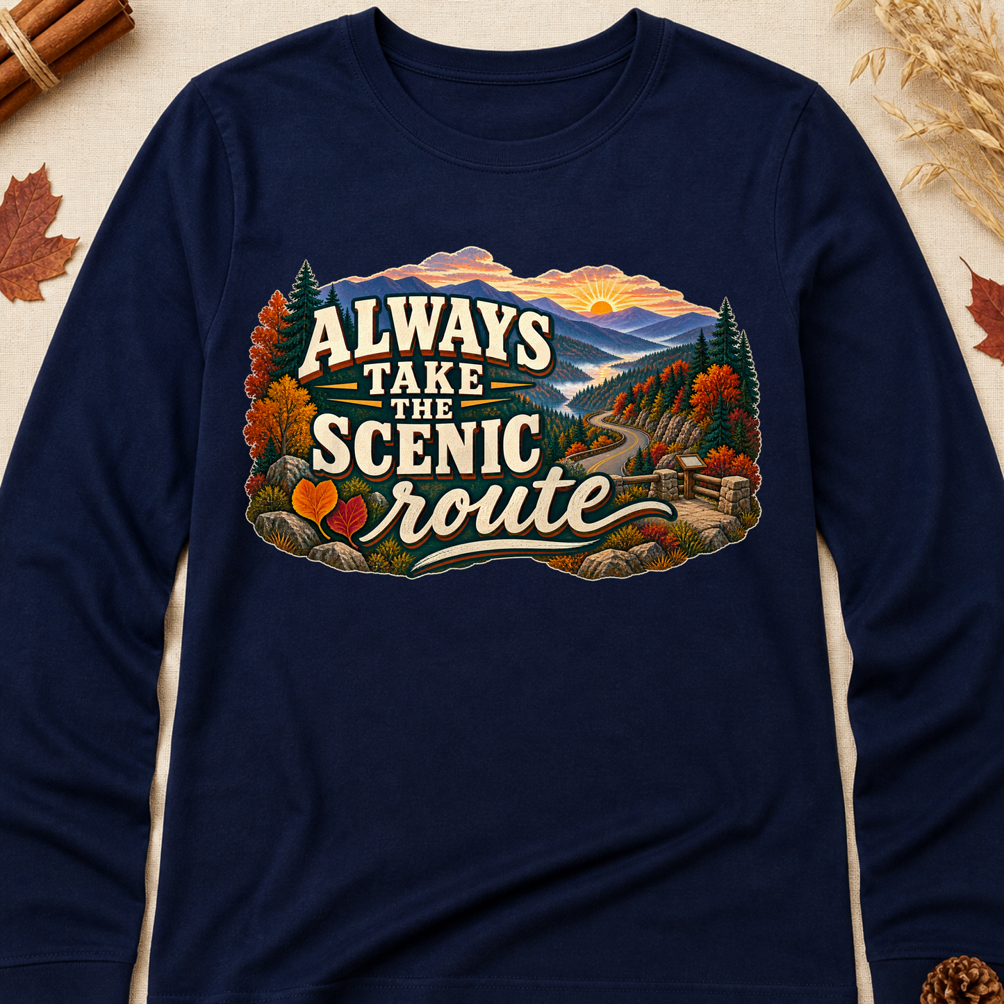 Always Take The Scenic Route Fall Colored Print Long Sleeves - Navy - Brooke & Belle