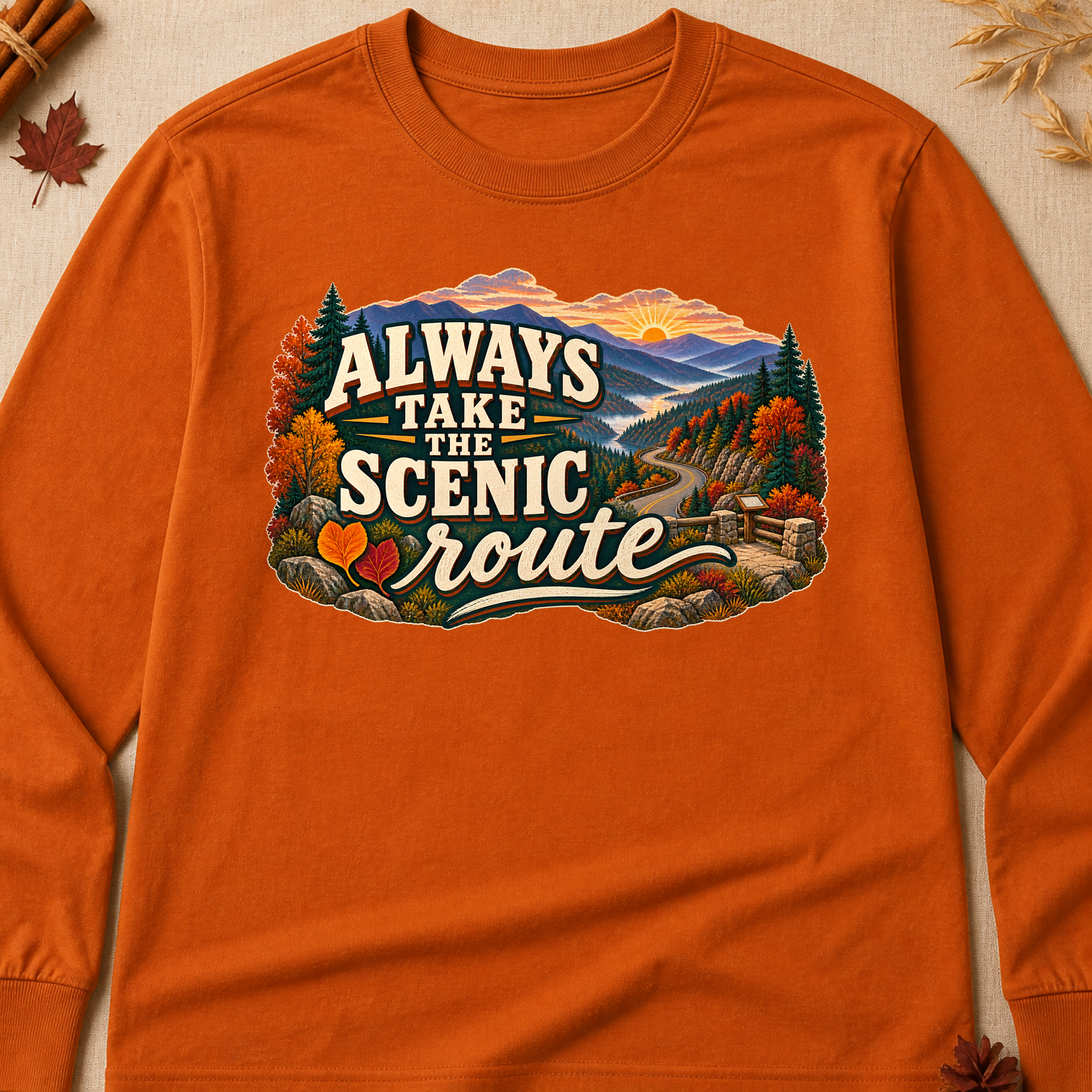 Always Take The Scenic Route Fall Colored Print Long Sleeves - Texas Orange - Brooke & Belle