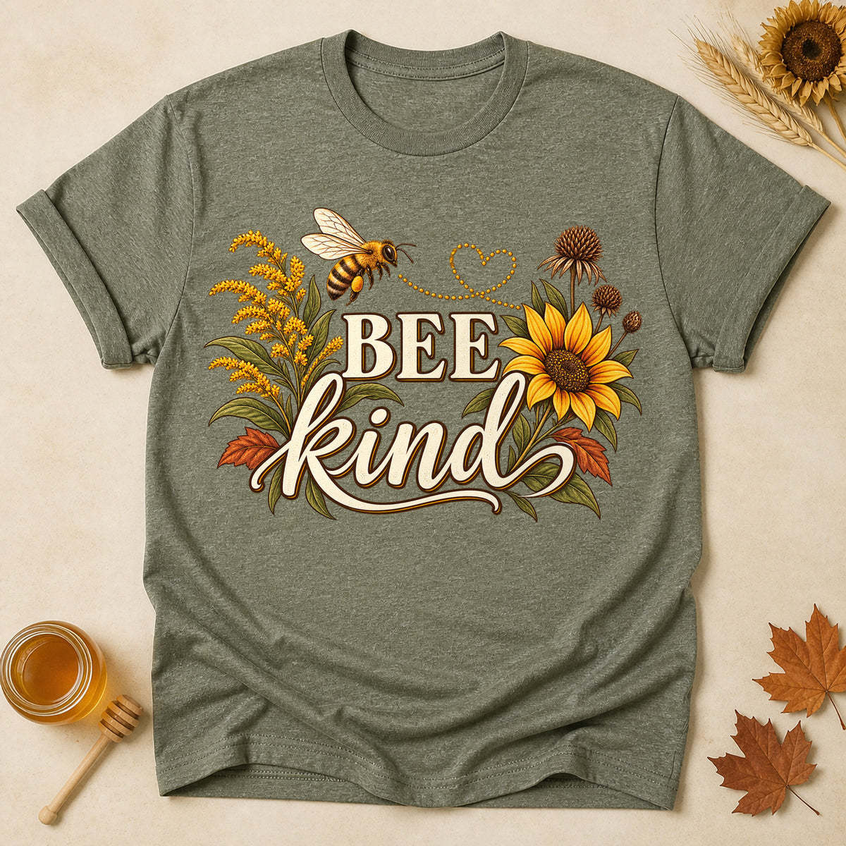 Bee Kind Fall T-shirt - Heather Military Green - Brooke & Belle