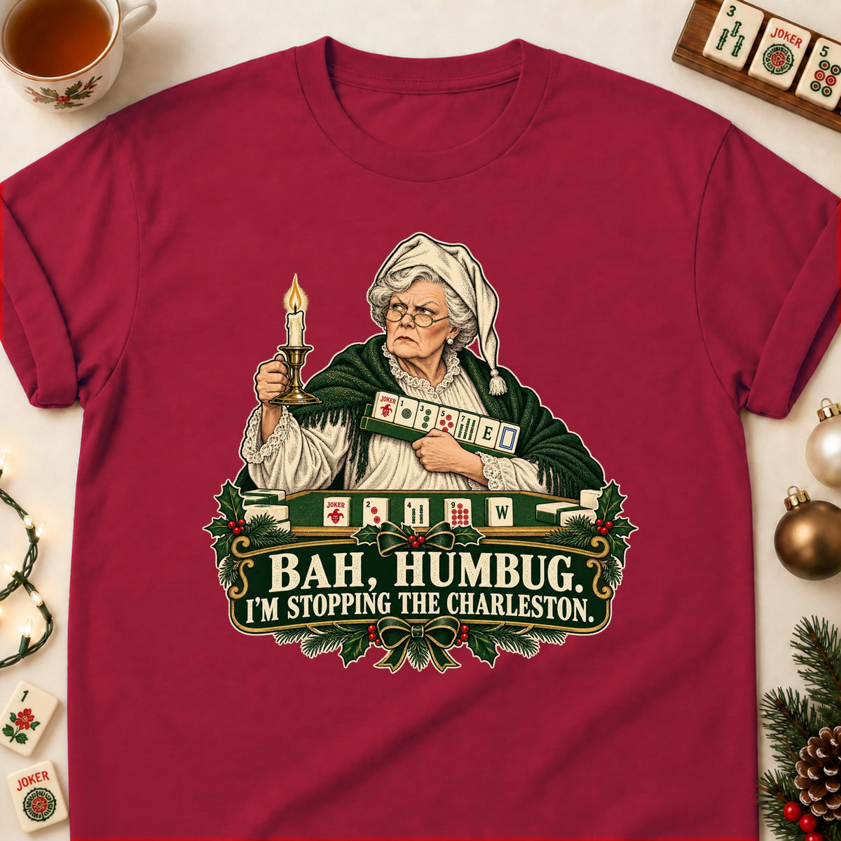 Bah Humbug mahjong T-shirt in Cardinal Red, laid flat. [bb c=cardinal-red r=flat]
