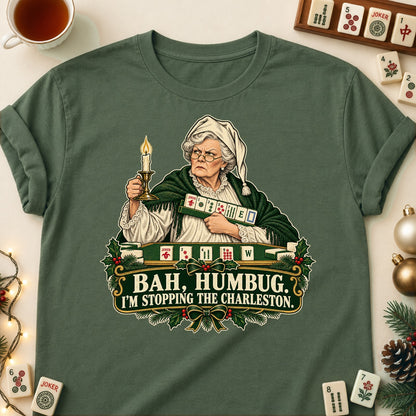 Bah Humbug mahjong T-shirt in Military Green, laid flat. [bb c=military-green r=flat]
