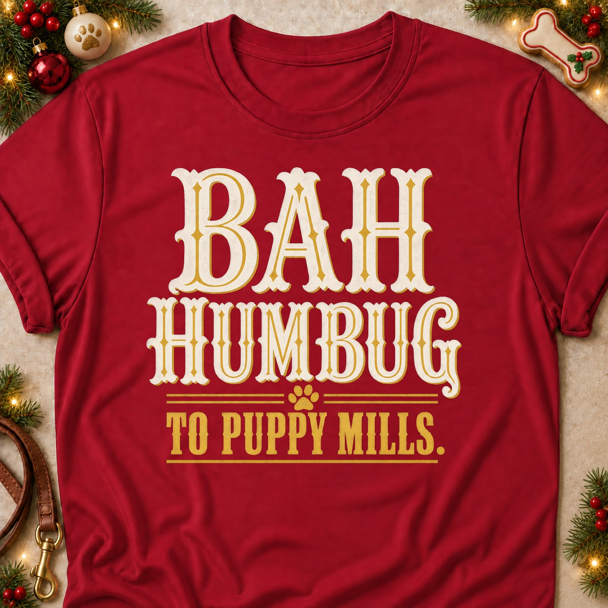 Bah Humbug To Puppy Mills dog mom T-shirt in Cardinal Red, laid flat. [bb c=cardinal-red r=flat]