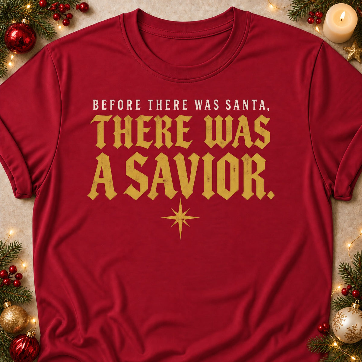 There Was A Savior faith T-shirt in Cardinal Red, laid flat. [bb c=cardinal-red r=flat]