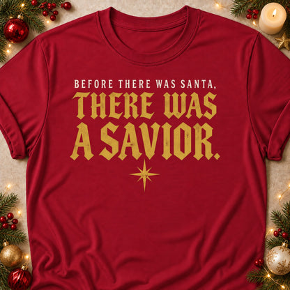 There Was A Savior faith T-shirt in Cardinal Red, laid flat. [bb c=cardinal-red r=flat]