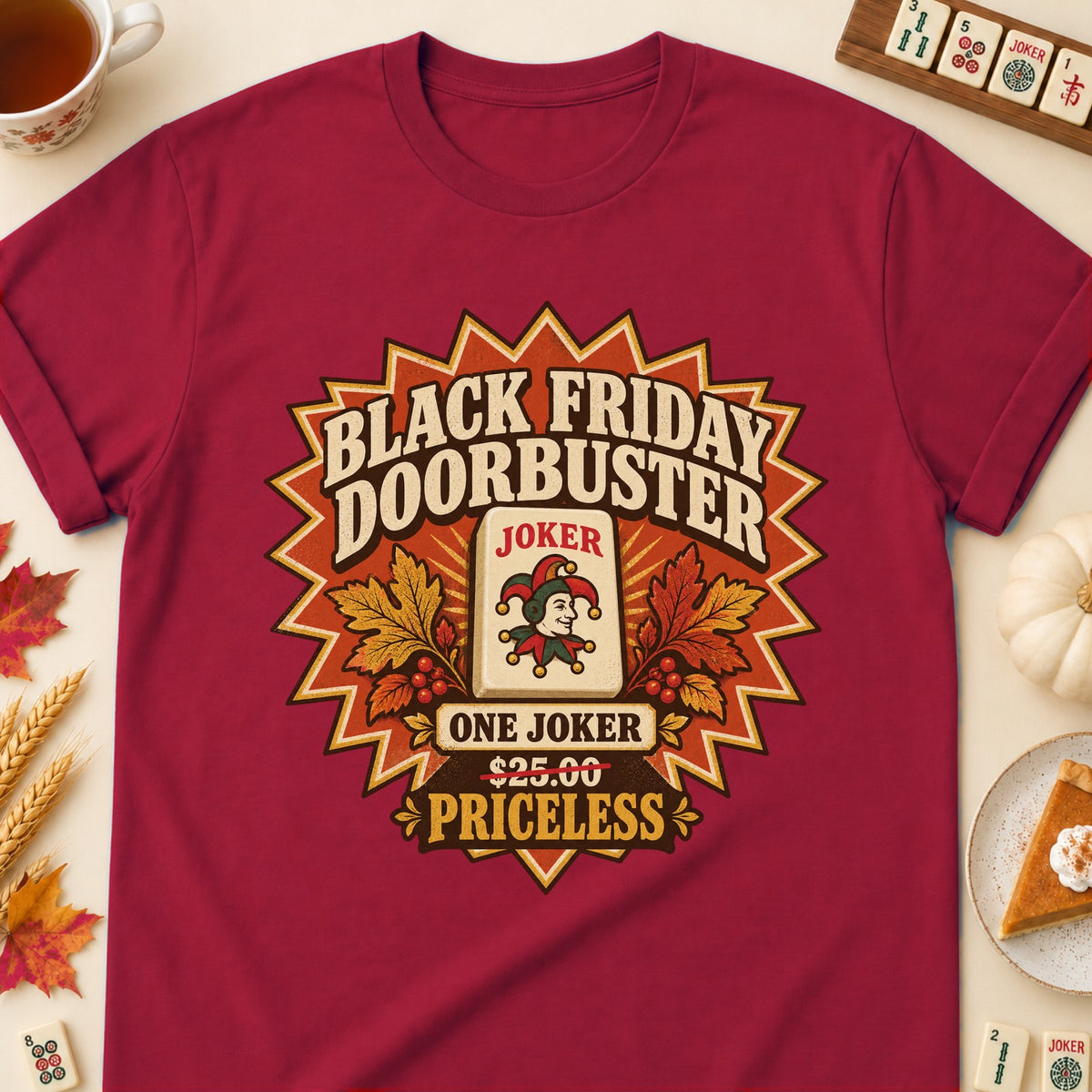 Black Friday Doorbuster mahjong T-shirt in Cardinal Red, laid flat. [bb c=cardinal-red r=flat]