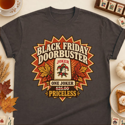 Black Friday Doorbuster mahjong T-shirt in Dark Chocolate, laid flat. [bb c=dark-chocolate r=flat]