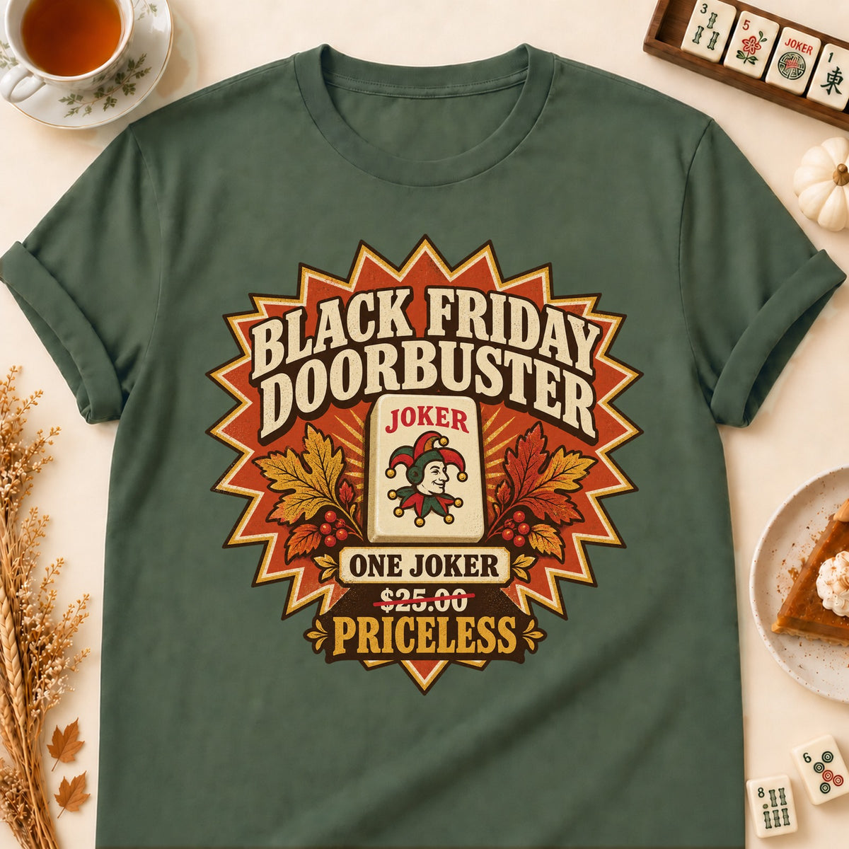 Black Friday Doorbuster mahjong T-shirt in Military Green, laid flat. [bb c=military-green r=flat]