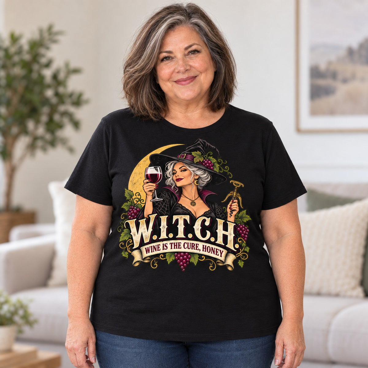 W.I.T.C.H. T-shirt in Black, worn by Linda. Linda is 5′4″ and wears her usual size 2XL. [bb c=black r=body2]