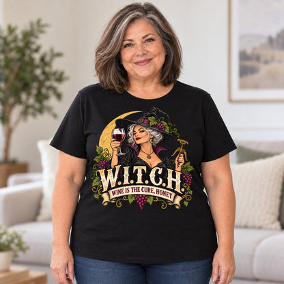 W.I.T.C.H. T-shirt in Black, worn by Linda. Linda is 5′4″ and wears her usual size 2XL. [bb c=black r=body2]