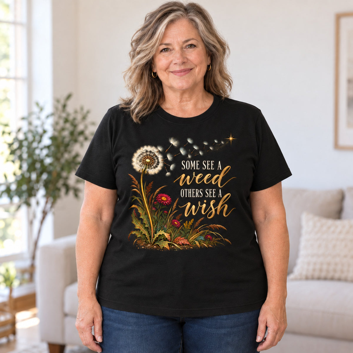 Some See A Weed T-shirt in Black, worn by Debra. Debra is 5′4″ and wears her usual size 2XL. [bb c=black r=body2]