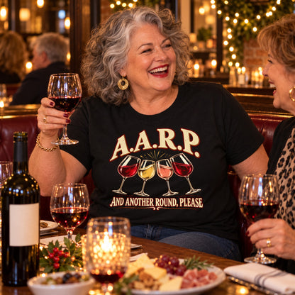 A.A.R.P. And Another Round, Please T-shirt in Black, worn by Deborah. Deborah is 5′4″ and wears her usual size 2XL. [bb c=black r=body2]