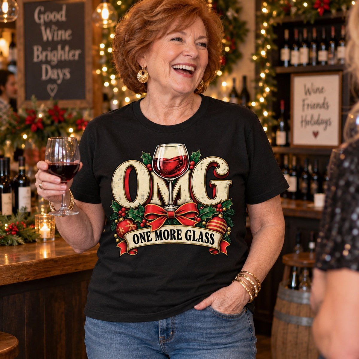 OMG One More Glass T-shirt in Black, worn by Brenda. Brenda is 5′4″ and wears her usual size 2XL. [bb c=black r=body2]