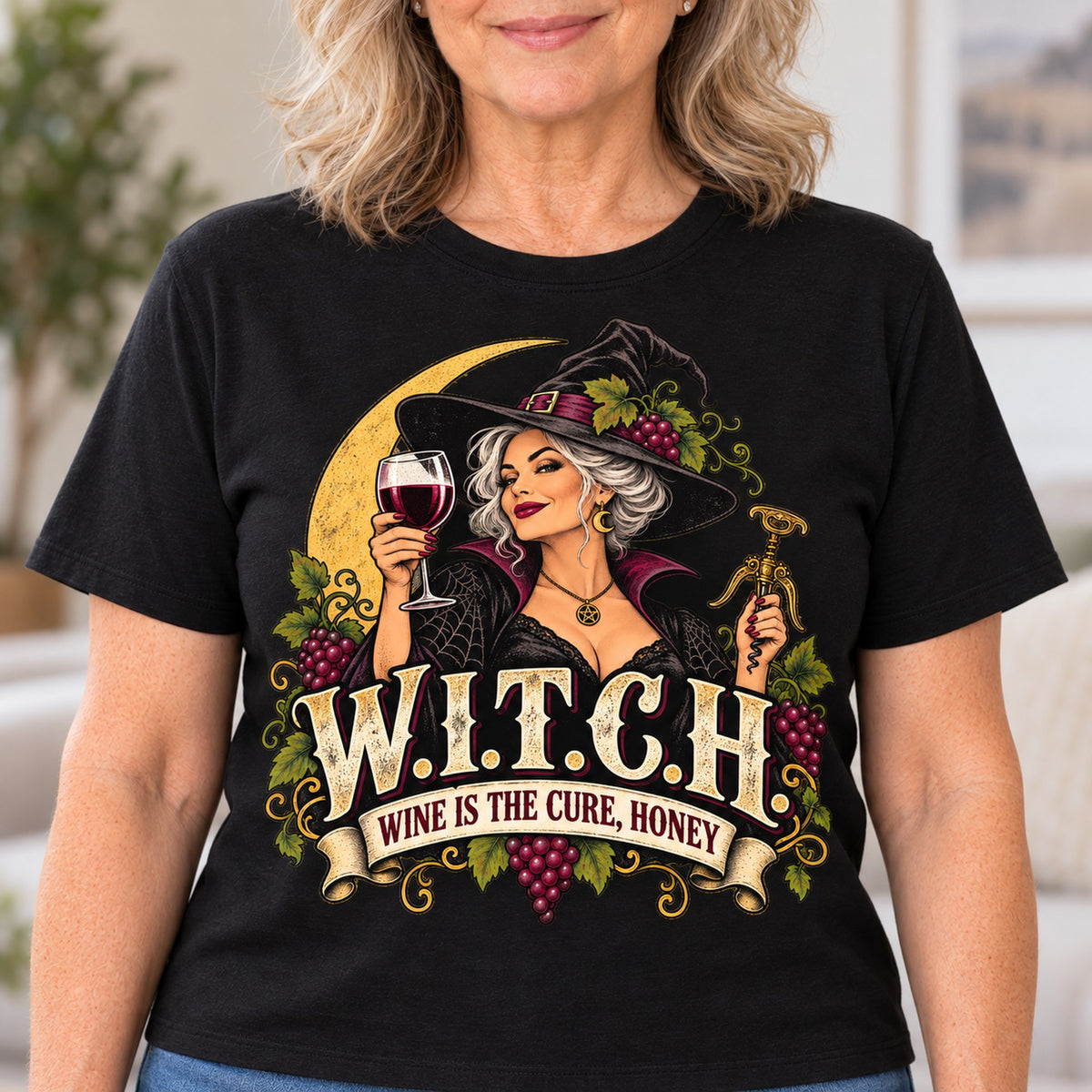 W.I.T.C.H. T-shirt in Black, close-up of the print, worn by Diane. Diane is 5′5″ and wears her usual size L. [bb c=black r=close]