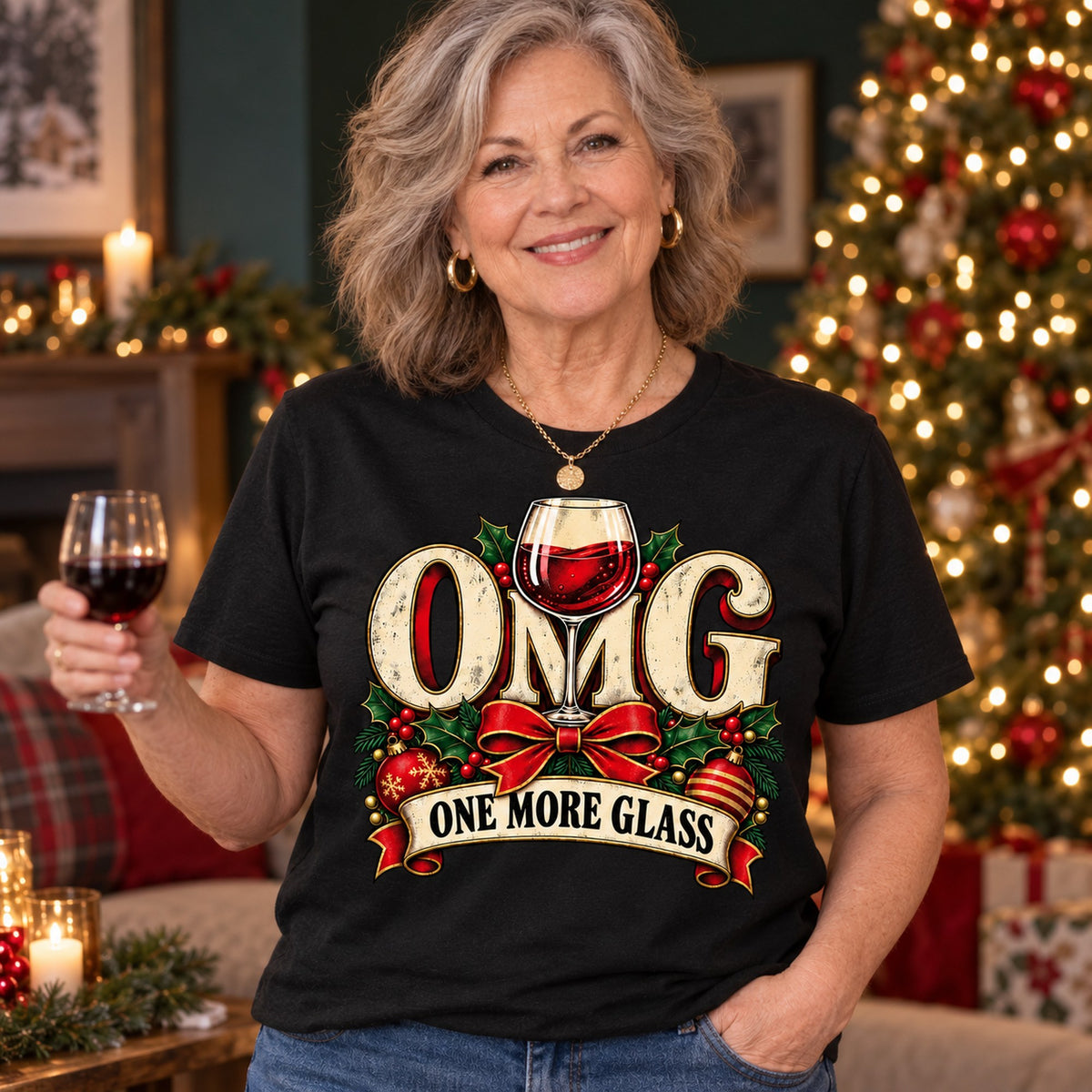 OMG One More Glass T-shirt in Black, close-up of the print, worn by Karen. Karen is 5′5″ and wears her usual size L. [bb c=black r=close]