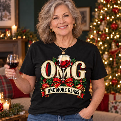 OMG One More Glass T-shirt in Black, close-up of the print, worn by Karen. Karen is 5′5″ and wears her usual size L. [bb c=black r=close]