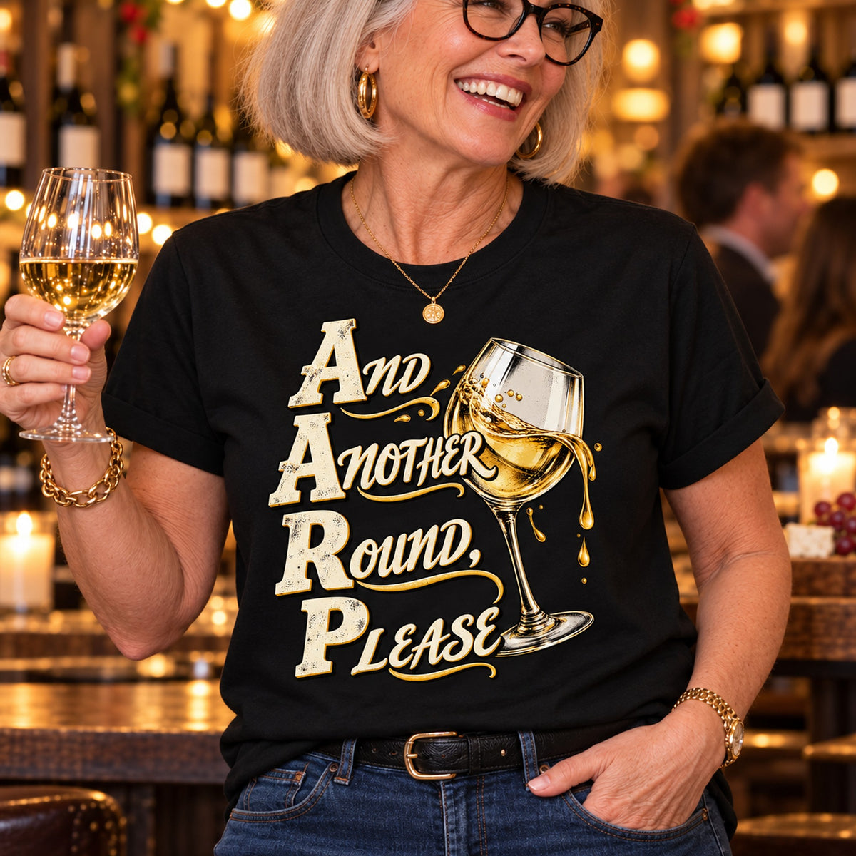 And Another Round, Please T-shirt in Black, close-up of the print, worn by Nancy. Nancy is 5′6″ and wears her usual size L. [bb c=black r=close]