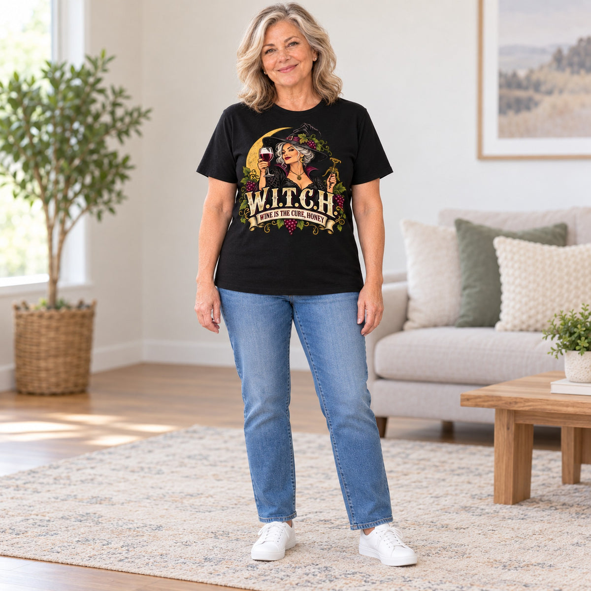 W.I.T.C.H. T-shirt in Black, full length, worn by Diane. Diane is 5′5″ and wears her usual size L. [bb c=black r=fit]