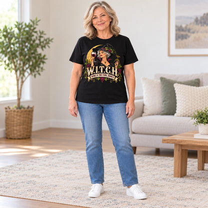 W.I.T.C.H. T-shirt in Black, full length, worn by Diane. Diane is 5′5″ and wears her usual size L. [bb c=black r=fit]