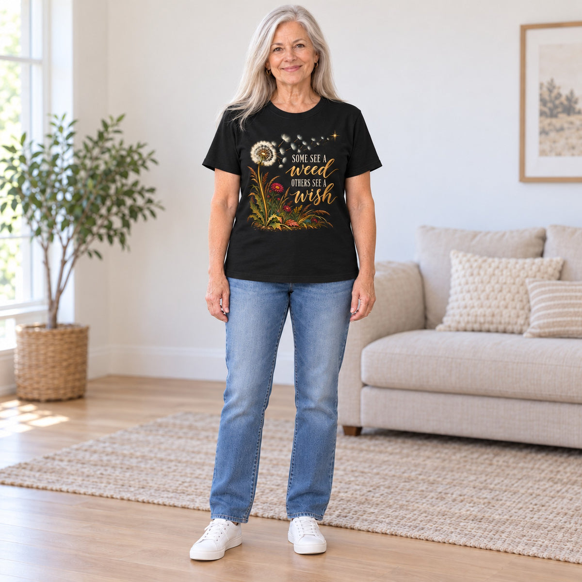 Some See A Weed T-shirt in Black, full length, worn by Nancy. Nancy is 5′7″ and wears her usual size M. [bb c=black r=fit]