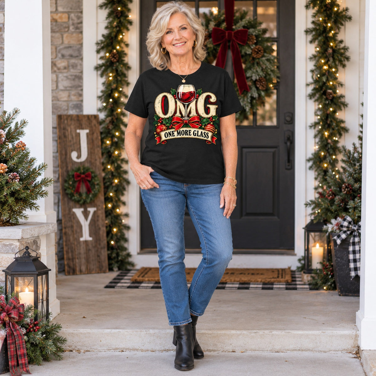 OMG One More Glass T-shirt in Black, full length, worn by Karen. Karen is 5′5″ and wears her usual size L. [bb c=black r=fit]