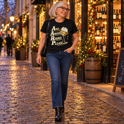 And Another Round, Please T-shirt in Black, full length, worn by Nancy. Nancy is 5′6″ and wears her usual size L. [bb c=black r=fit]
