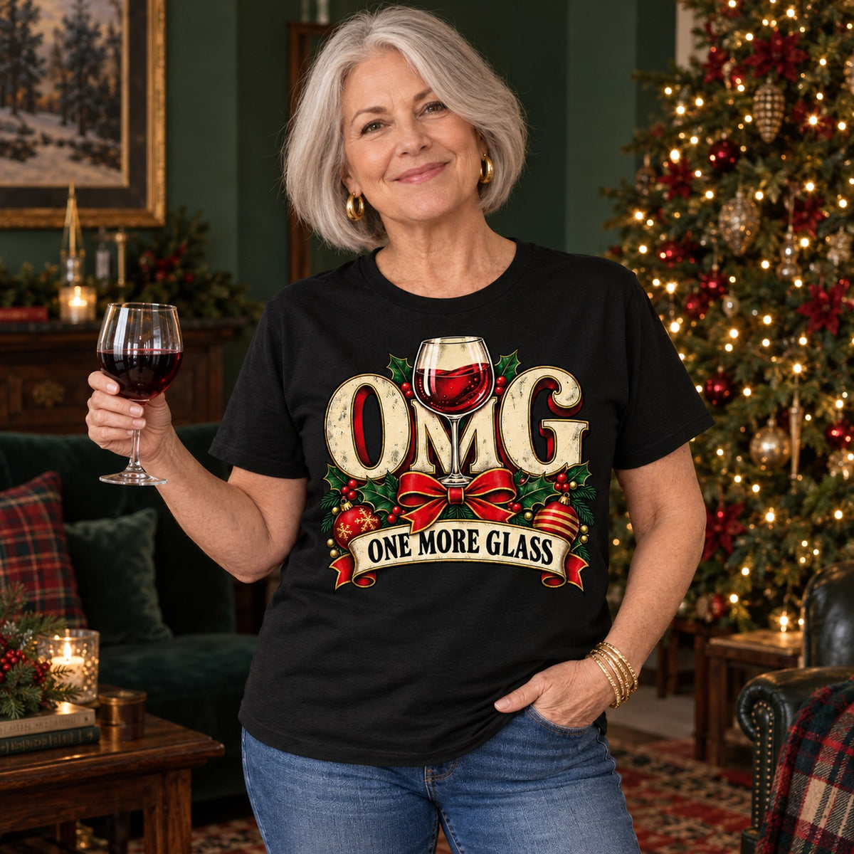 OMG One More Glass T-shirt in Black, worn by Karen. Karen is 5′5″ and wears her usual size L. [bb c=black r=hero]