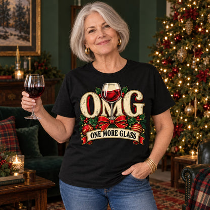 OMG One More Glass T-shirt in Black, worn by Karen. Karen is 5′5″ and wears her usual size L. [bb c=black r=hero]