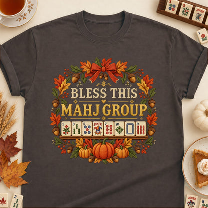 Bless This Mahj Group mahjong T-shirt in Dark Chocolate, laid flat. [bb c=dark-chocolate r=flat]