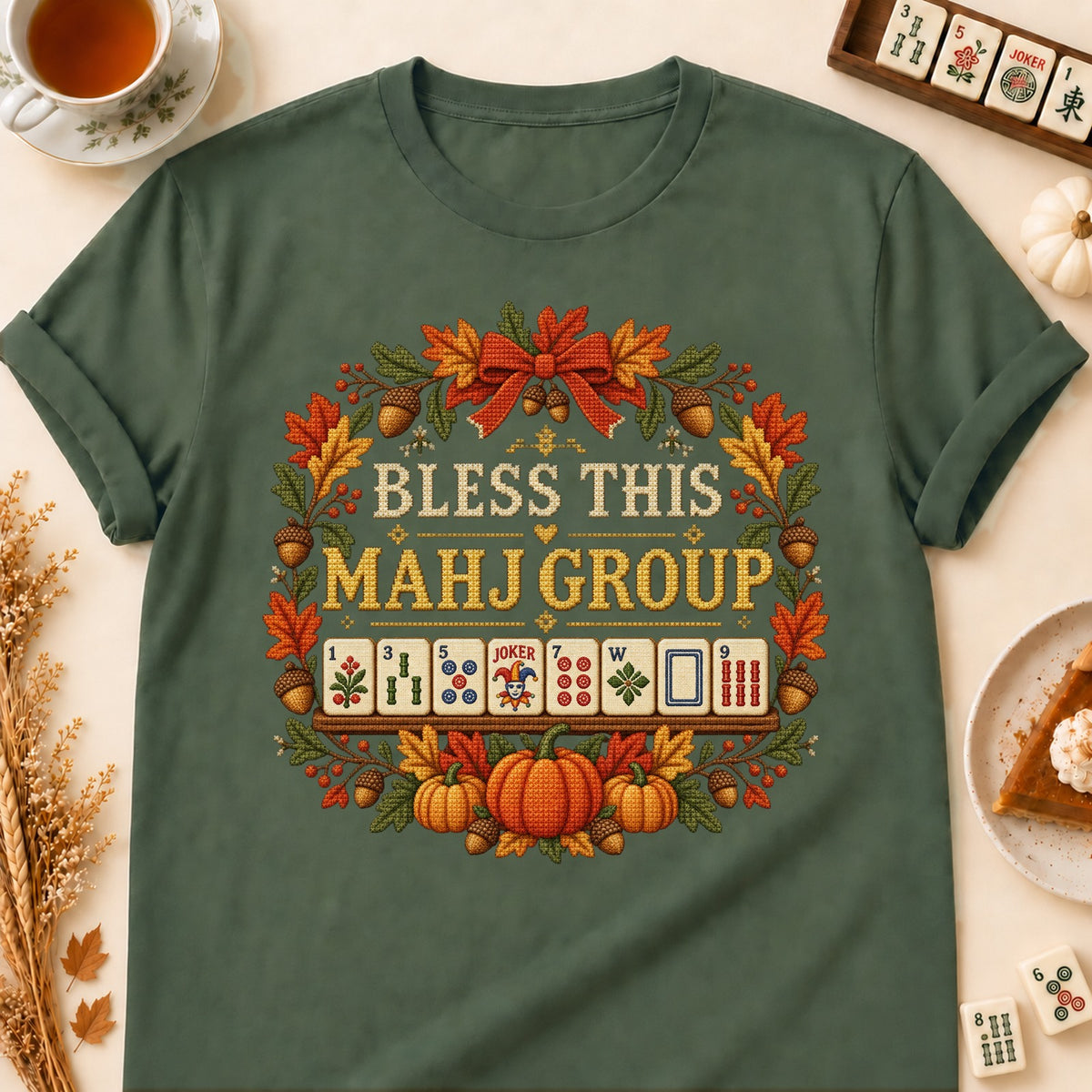 Bless This Mahj Group mahjong T-shirt in Military Green, laid flat. [bb c=military-green r=flat]