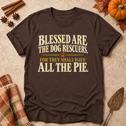 Blessed Are The Dog Rescuers dog mom T-shirt in Dark Chocolate, laid flat. [bb c=dark-chocolate r=flat]