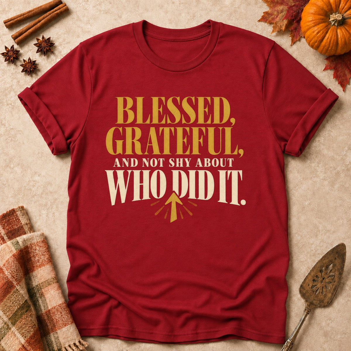 Not Shy About Who Did It faith T-shirt in Cardinal Red, laid flat. [bb c=cardinal-red r=flat]