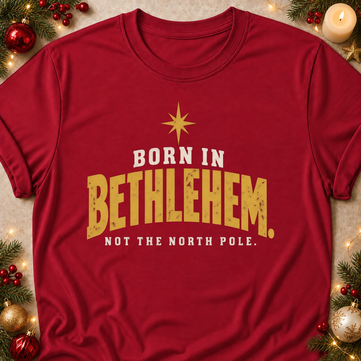 Not The North Pole faith T-shirt in Cardinal Red, laid flat. [bb c=cardinal-red r=flat]
