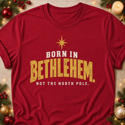Not The North Pole faith T-shirt in Cardinal Red, laid flat. [bb c=cardinal-red r=flat]