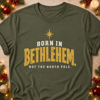 Not The North Pole faith T-shirt in Military Green, laid flat. [bb c=military-green r=flat]
