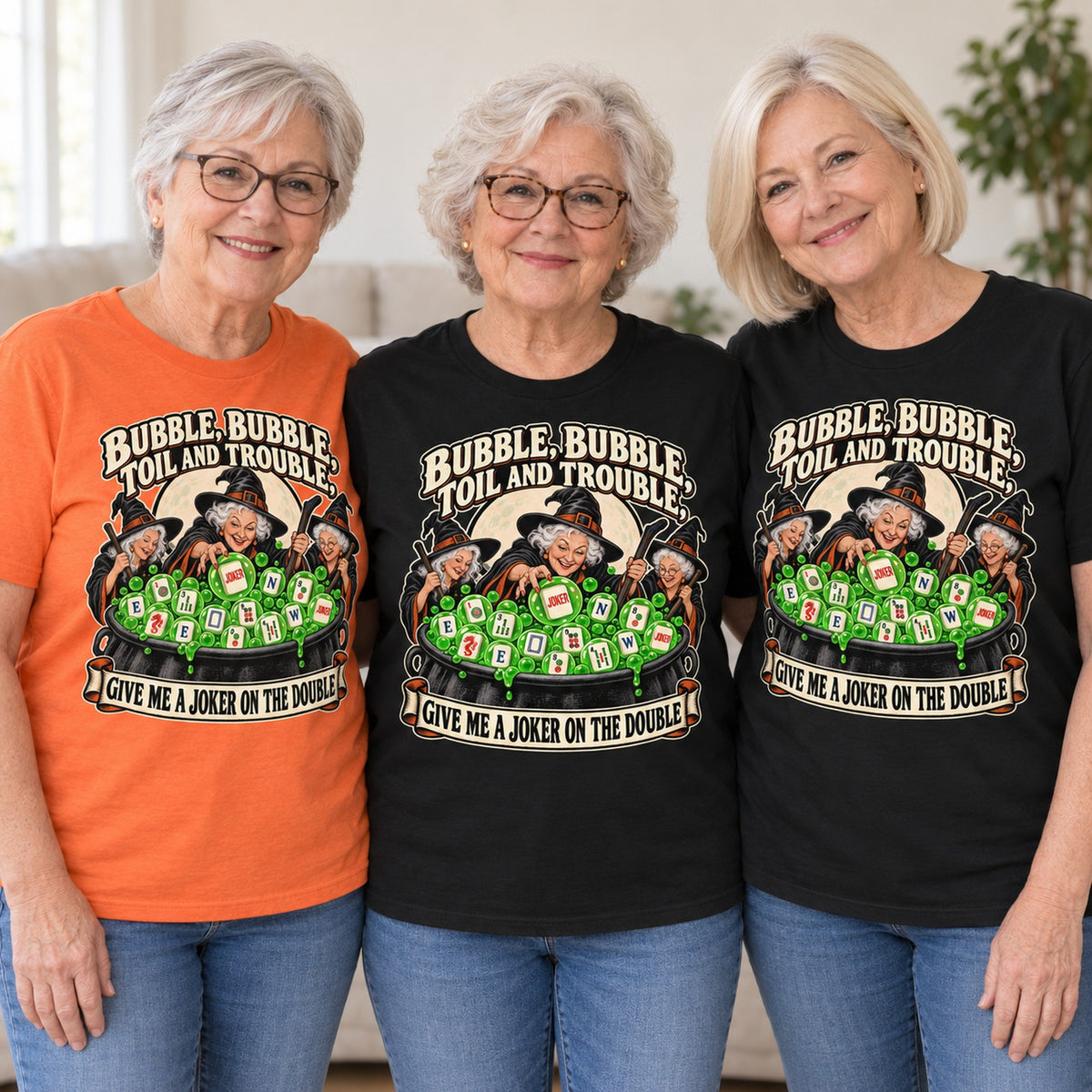 Toil And Trouble mahjong T-shirt worn by three friends. Friends are wearing M, L and XL. [bb c=all r=friends]
