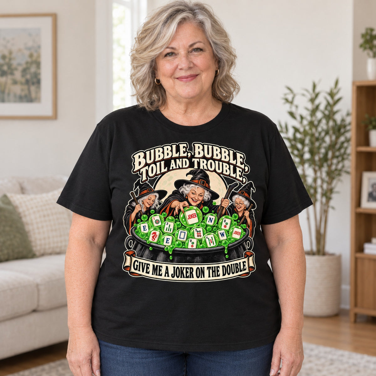 Toil And Trouble mahjong T-shirt in Black, worn by Debra. Debra is 5′4″ and wears her usual size 2XL. [bb c=black r=body2]