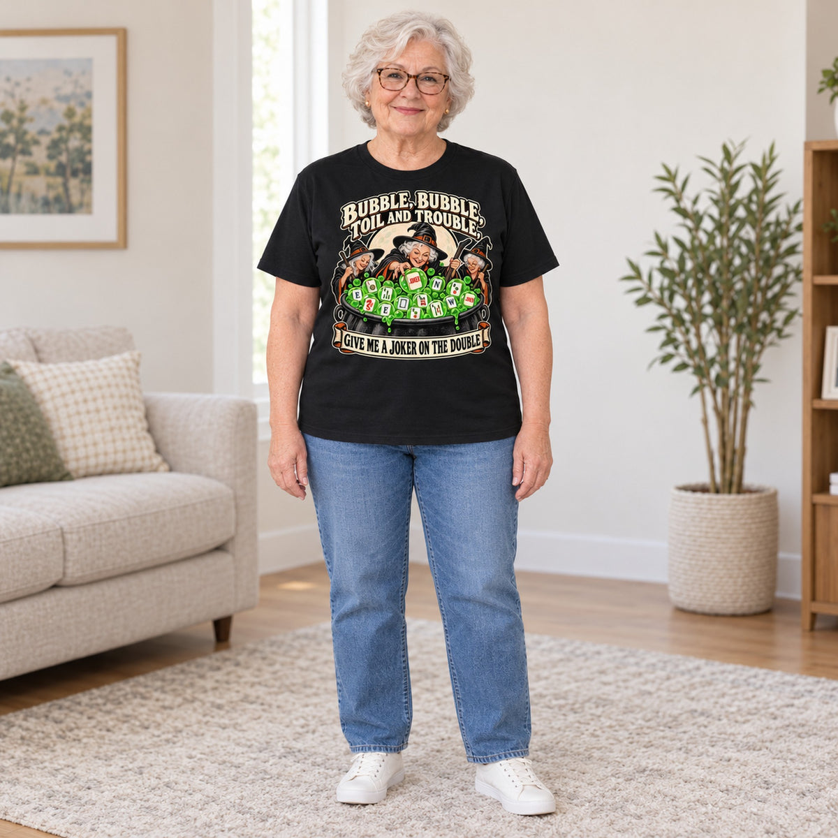 Toil And Trouble mahjong T-shirt in Black, full length, worn by Joyce. Joyce is 5′5″ and wears her usual size L. [bb c=black r=fit]