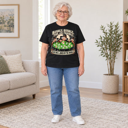 Toil And Trouble mahjong T-shirt in Black, full length, worn by Joyce. Joyce is 5′5″ and wears her usual size L. [bb c=black r=fit]