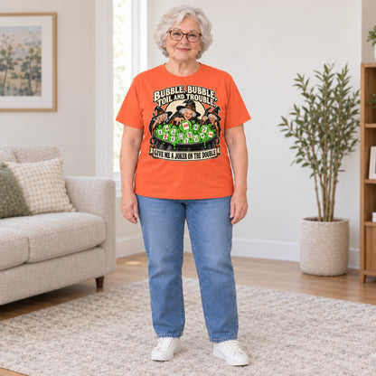 Toil And Trouble mahjong T-shirt in Orange, full length, worn by Joyce. Joyce is 5′5″ and wears her usual size L. [bb c=orange r=fit]