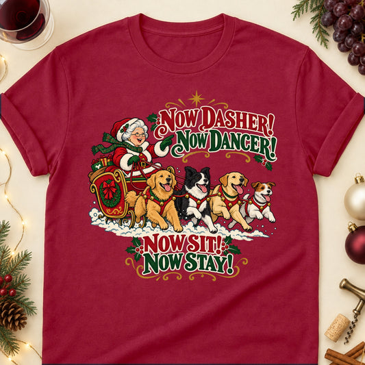 Now Dasher! Now Dancer! Now Sit! Now Stay! Christmas Dog Mom T-Shirt in Cardinal Red