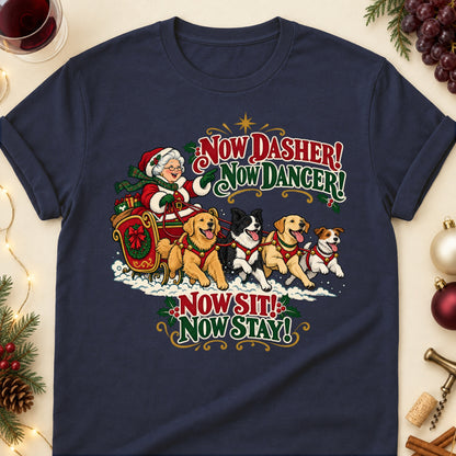 Now Dasher! Now Dancer! Now Sit! Now Stay! Christmas Dog Mom T-Shirt in Navy