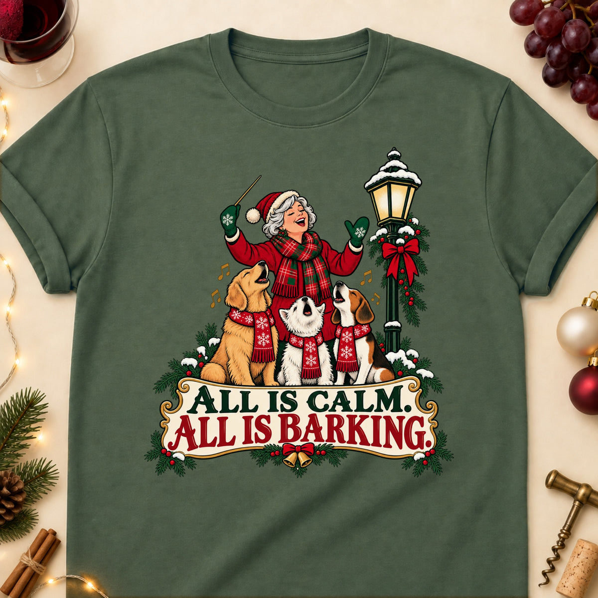 All Is Calm. All Is Barking. Christmas Dog Mom T-Shirt in Military Green