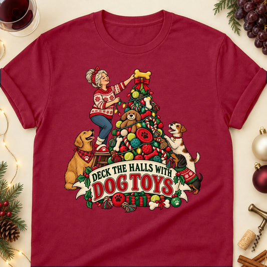 Deck The Halls With Dog Toys Christmas Dog Mom T-Shirt in Cardinal Red