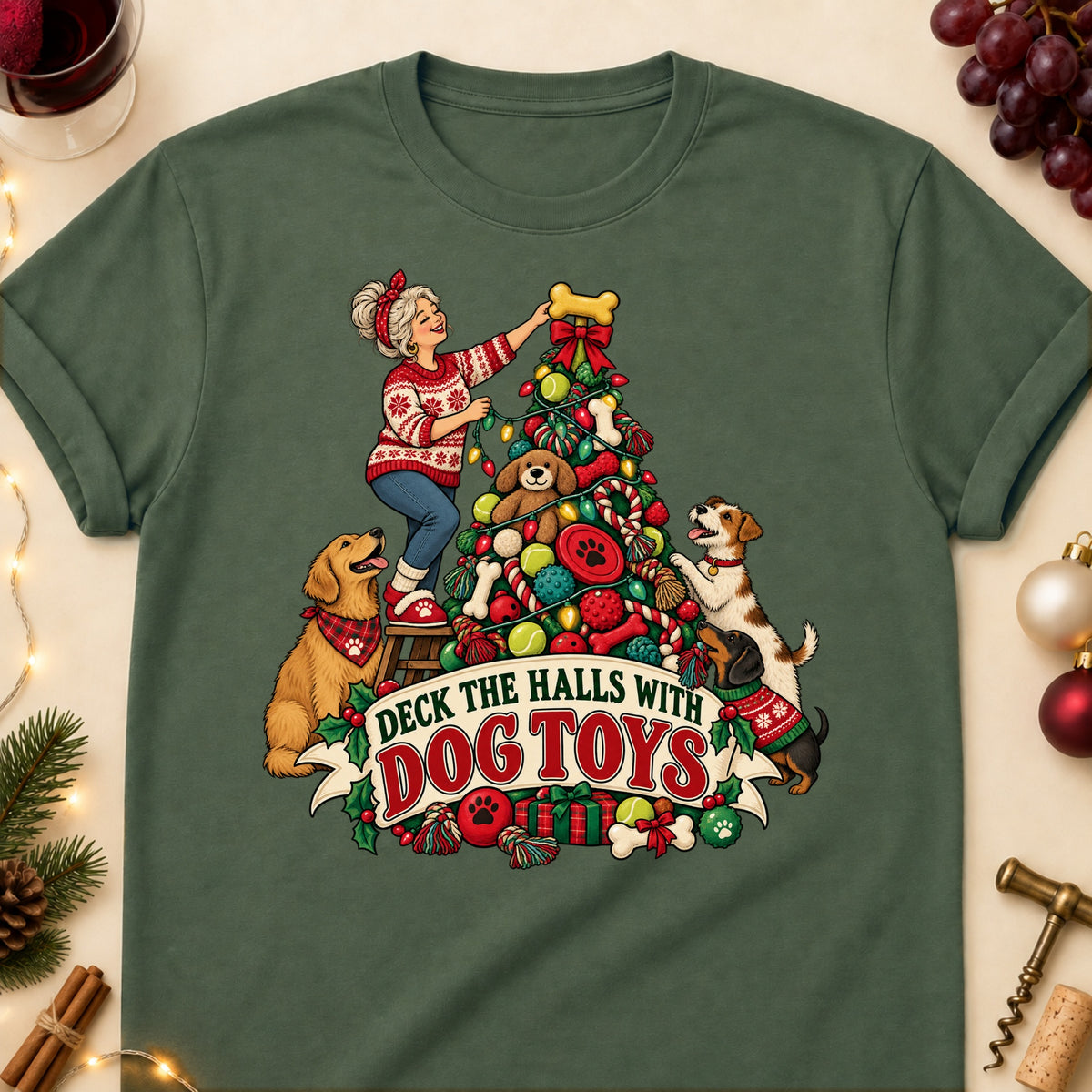 Deck The Halls With Dog Toys Christmas Dog Mom T-Shirt in Military Green
